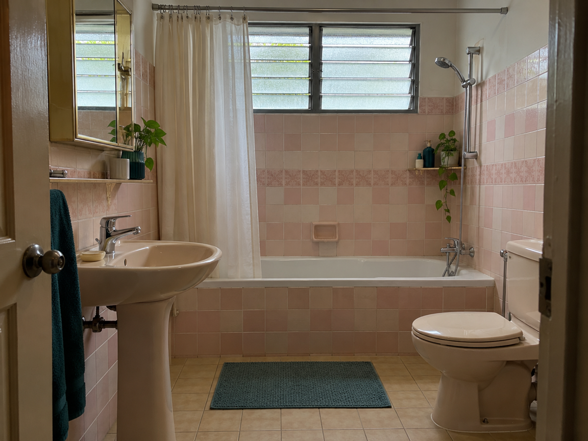 Dated bathroom with small pink wall tiles and a built-in bathtub before renovation (illustrative image)